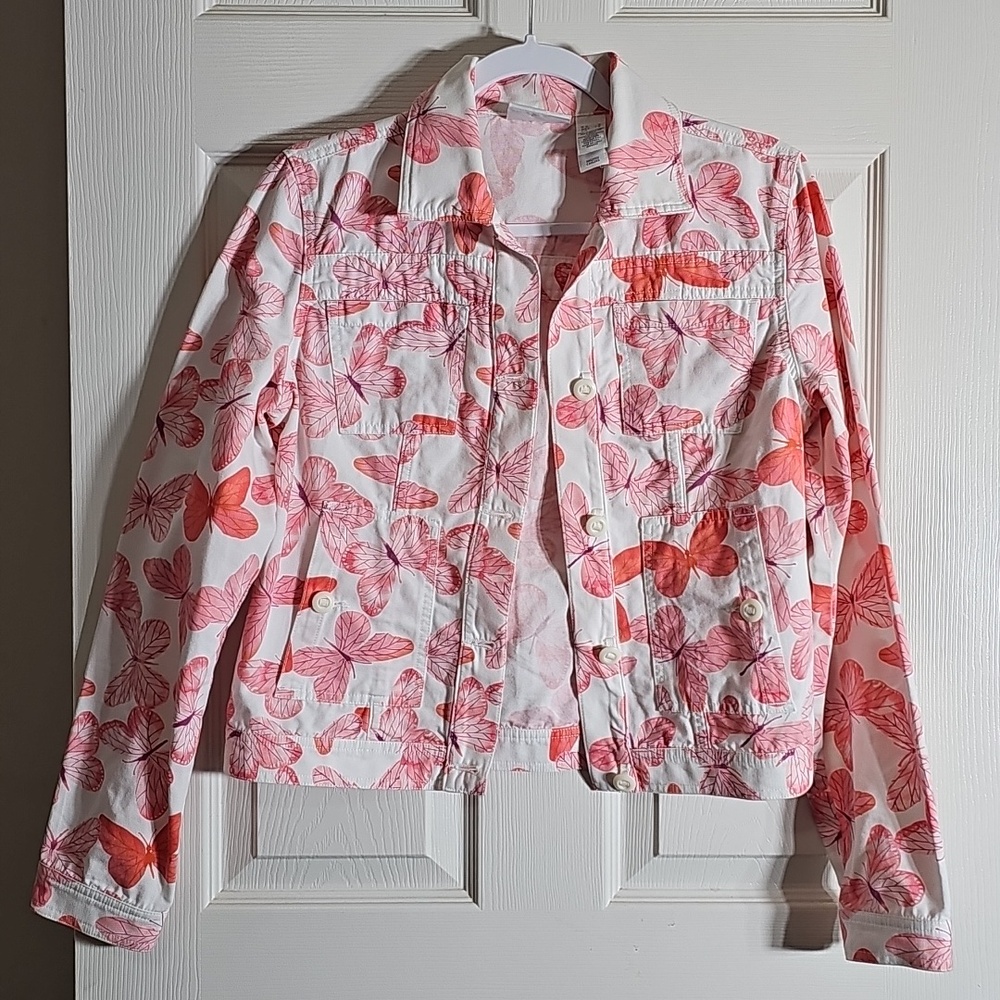 Liz Claiborne 100% Cotton Denim Pink White Butterfly Jacket Spring Size S - Picture 1 of 8